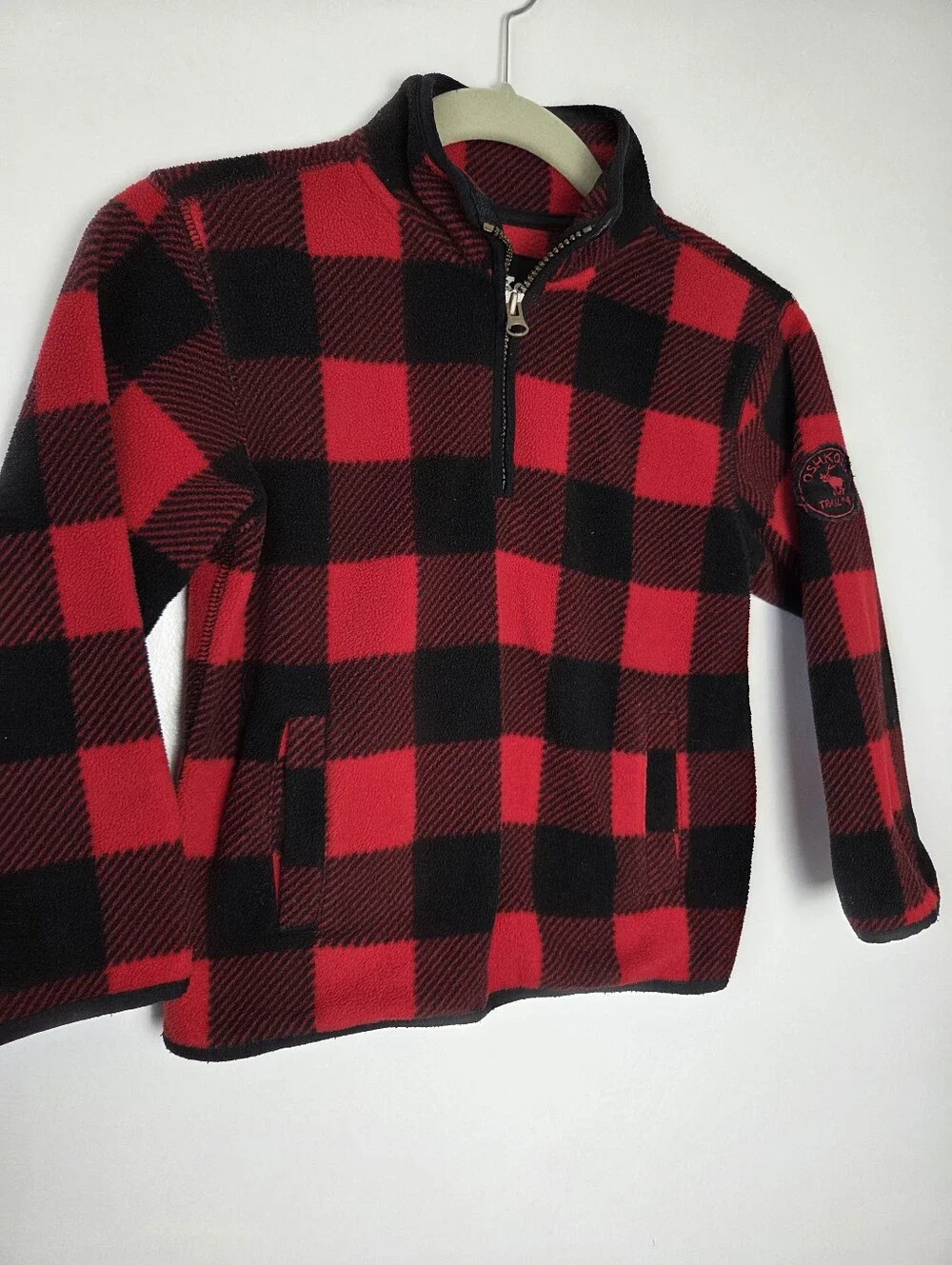 Oshkosh Buffalo Plaid Fleece Pullover Sweater Jacket Boys Size 5 Red Christmas